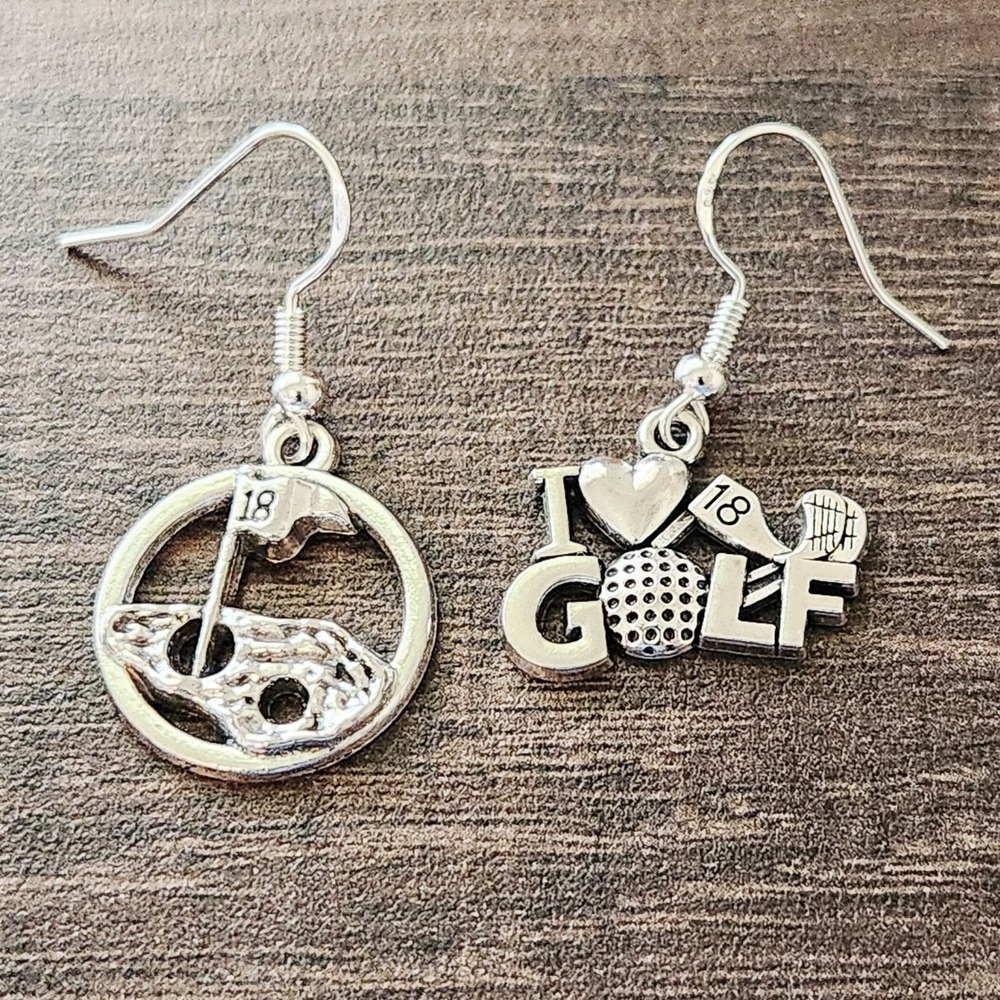 Silver Golf Mismatched Earrings 18th Hole I Love Golf Sporty Dangle Jewelry
